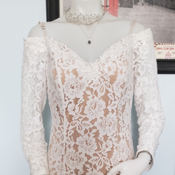 White lace and nude prom dress